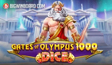 Arte oficial de la tragamonedas Gates of Olympus 1000 Dice de Pragmatic Play, con Zeus y dados de colores