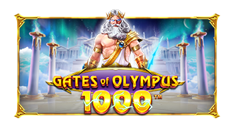 Arte oficial de la tragamonedas Gates of Olympus 1000 de Pragmatic Play, con Zeus y rayos dorados en el Monte Olimpo