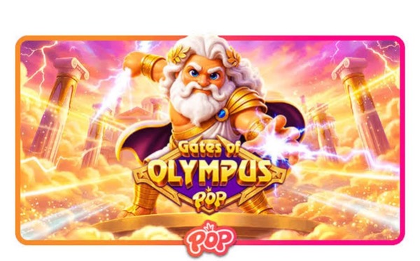 Arte promocional de la tragamonedas Gates of Olympus POP de Pragmatic Play, con Zeus y símbolos dorados