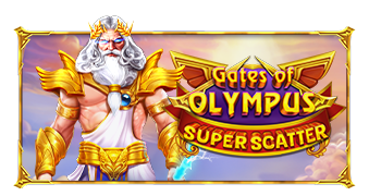 Arte oficial de la tragamonedas Gates of Olympus Super Scatter de Pragmatic Play, con Zeus y orbes multiplicadores