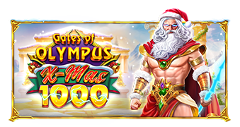 Arte oficial de la tragamonedas Gates of Olympus Xmas 1000 de Pragmatic Play, con Zeus navideño sobre la nieve