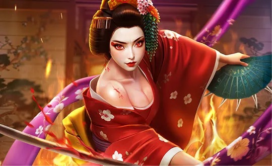 Pantalla de la tragamonedas Geisha's Revenge de PG Soft, con una geisha, sombrillas tradicionales y símbolos de la cultura japonesa