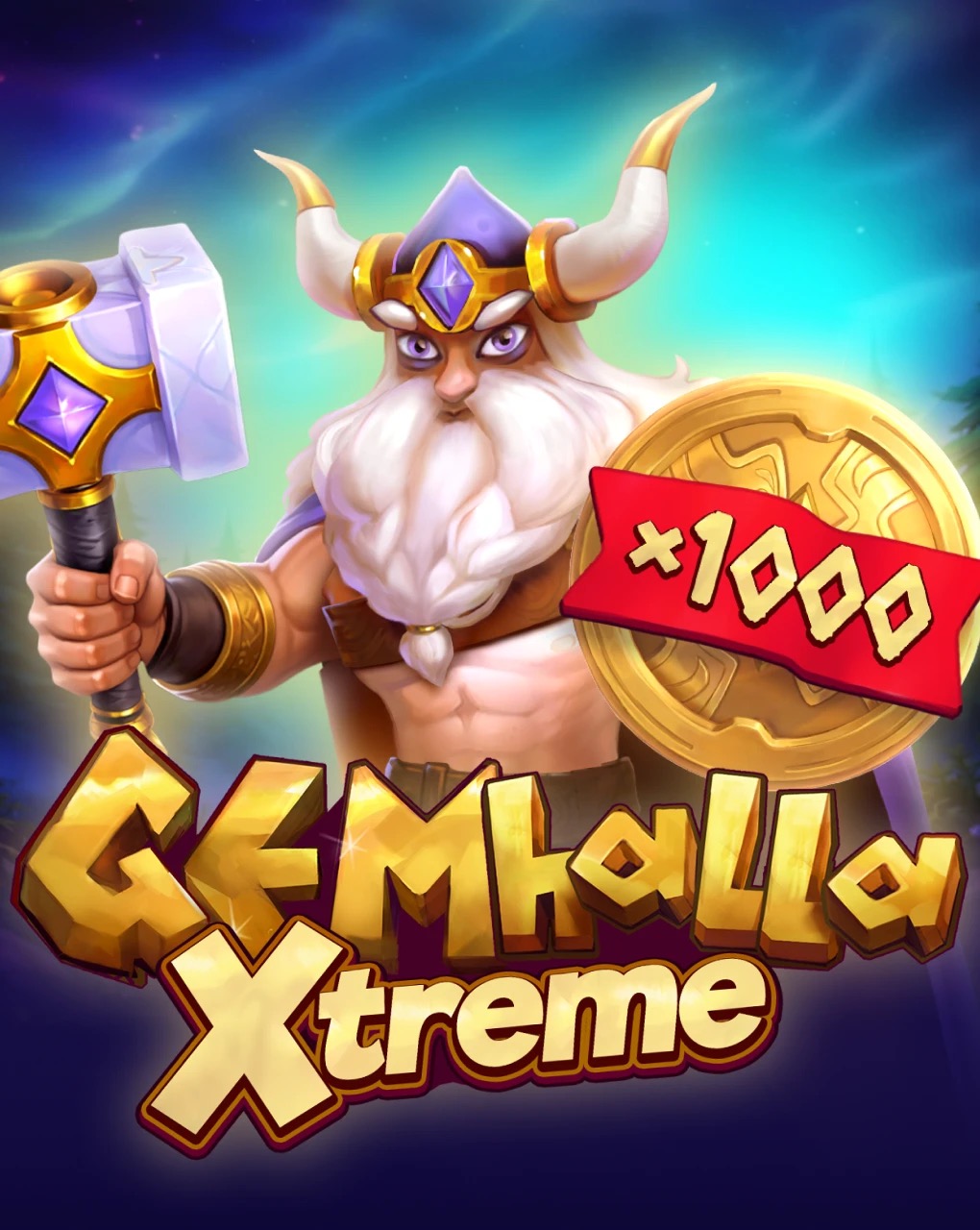 Arte promocional de la tragamonedas Gemhalla Xtreme de BGaming, con Thor y gemas de colores alrededor del árbol Yggdrasil