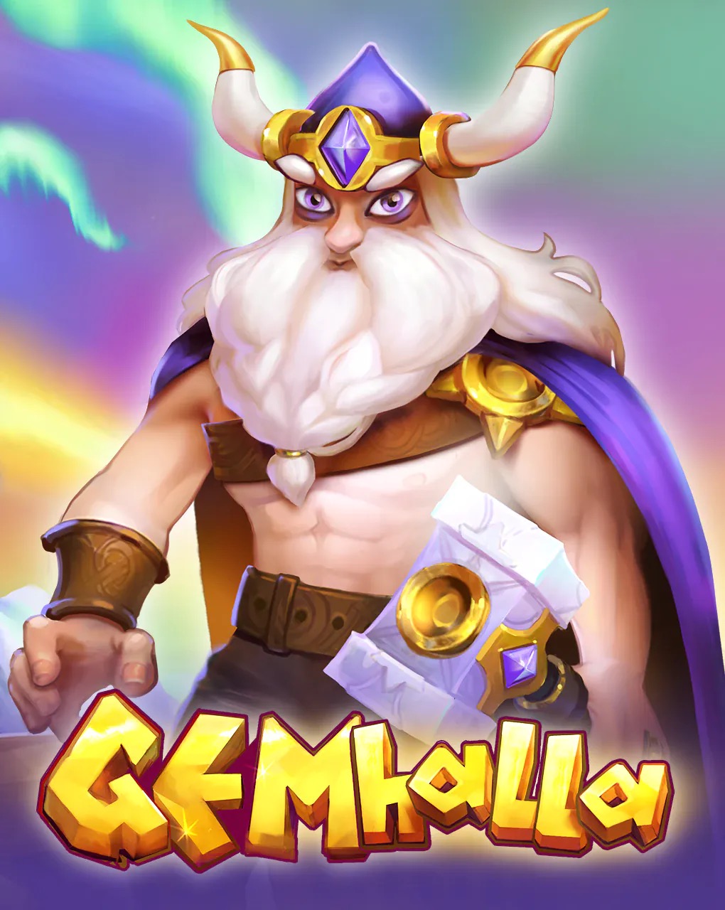 Arte oficial de la tragamonedas Gemhalla de BGaming, con Thor y gemas de colores junto al árbol Yggdrasil