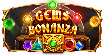 Arte oficial de la tragamonedas Gems Bonanza de Pragmatic Play, con mapa del tesoro y gemas de colores
