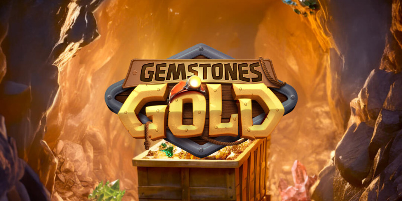 Arte oficial de la tragamonedas Gemstones Gold de PG Soft, con gemas de colores y un carrito minero cargado de oro