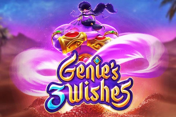 Pantalla de la tragamonedas Genie's 3 Wishes de PG Soft, con un genio, una lámpara mágica y símbolos de temática árabe