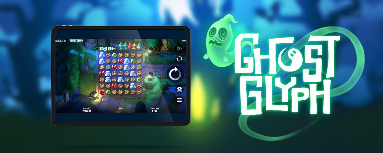 Fantasmas coloridos flotando sobre una cuadrícula de símbolos en la tragamonedas Ghost Glyph de Quickspin