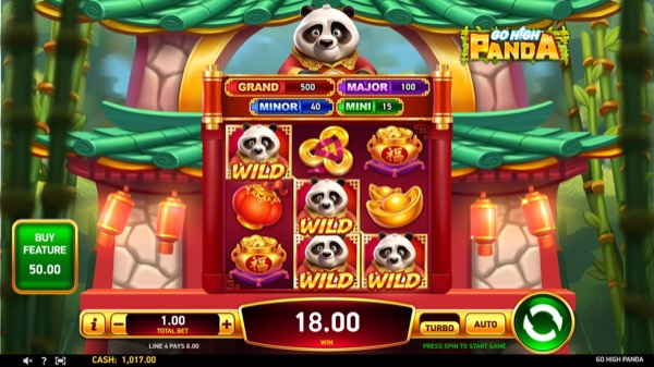 Pantalla de la tragamonedas Go High Panda de RubyPlay, con panda en escenario de bambú y rodillo horizontal de jackpot