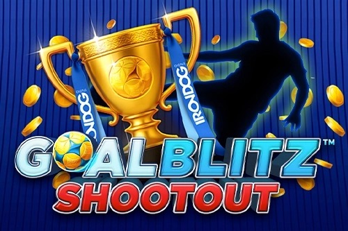 Arte oficial de la tragamonedas Goal Blitz Shootout de Iron Dog Studio, con balón de futbol y escenario de tanda de penales