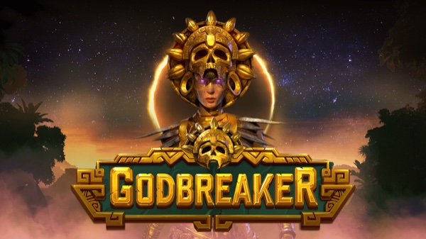 Pantalla de la tragamonedas Godbreaker de NetEnt, con la semidiosa Zyarah y máscaras doradas apiladas en los rodillos