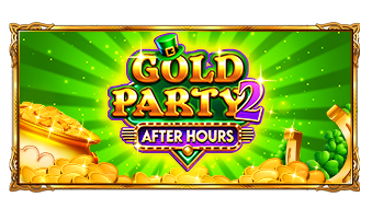 Pantalla de Gold Party 2 - After Hours con el leprechaun estiloso, ollas de oro y un escenario nocturno con casita de hongo