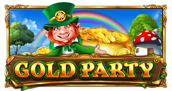 Arte oficial de Gold Party de Pragmatic Play, con el Leprechaun de la suerte y rodillos dorados en un escenario de Irlanda mágica