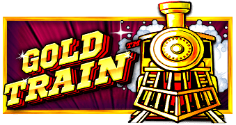 Arte oficial de la tragamonedas Gold Train de Pragmatic Play, con locomotora dorada vintage y estación ferroviaria