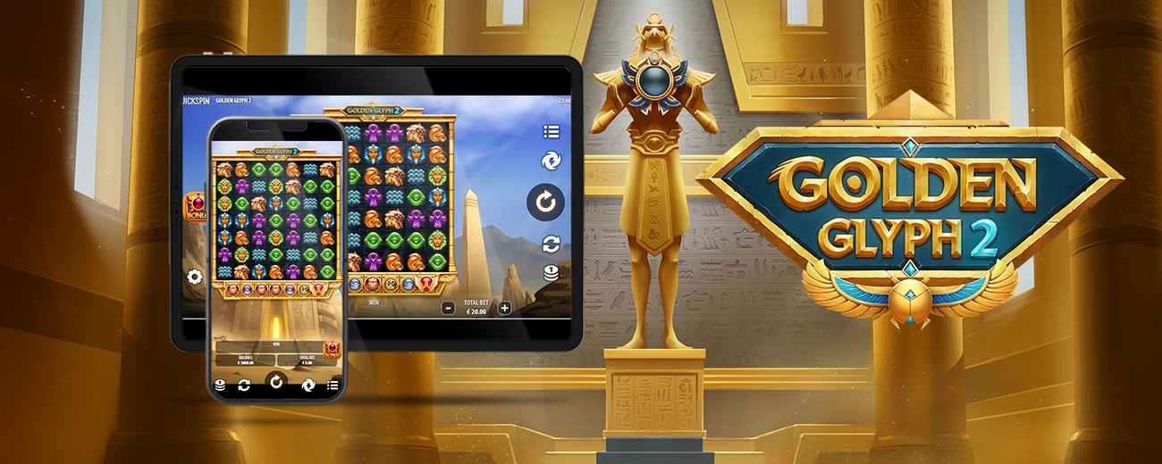 Arte oficial de la tragamonedas Golden Glyph 2 de Quickspin, con un templo egipcio tallado en un cañón