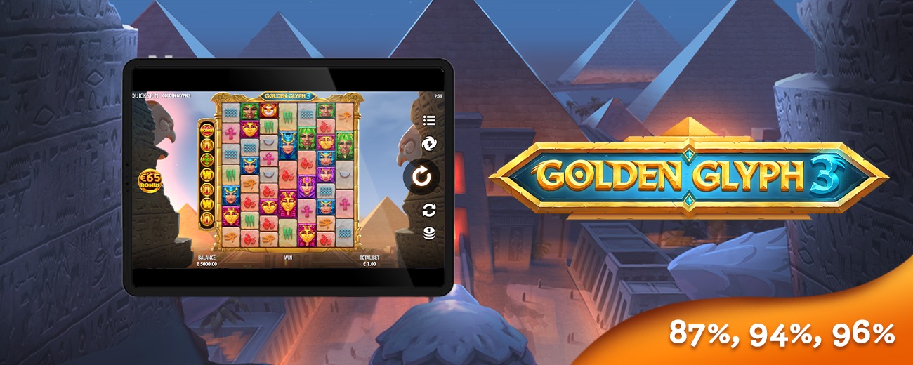 Arte oficial de la tragamonedas Golden Glyph 3 de Quickspin, con pirámides y ruinas del antiguo Egipto