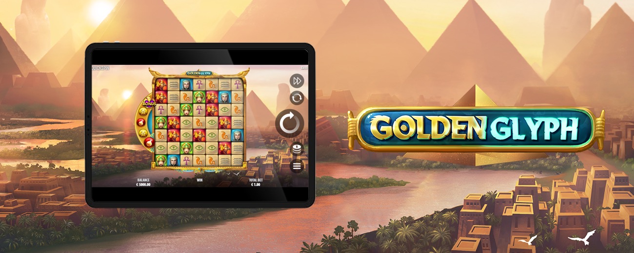 Arte oficial de la tragamonedas Golden Glyph de Quickspin, con jeroglíficos y símbolos del antiguo Egipto