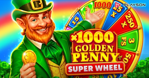 Pantalla de la tragamonedas Golden Penny x1000: Super Wheel de Playson, con duendes irlandeses, tréboles dorados y una rueda de bono