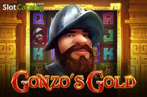 Arte de la tragamonedas Gonzo's Gold de NetEnt, con el conquistador Gonzo en un escenario azteca/maya dorado