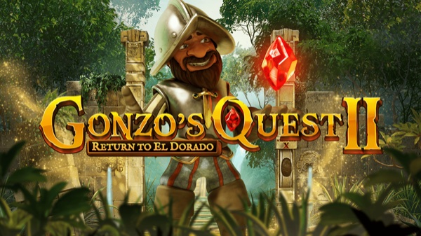 Arte oficial de la tragamonedas Gonzo's Quest II Return to El Dorado de NetEnt, con Gonzo en la selva