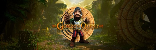Arte oficial de la tragamonedas Gonzo's Quest de NetEnt, con el conquistador Gonzo en una ciudad de oro perdida