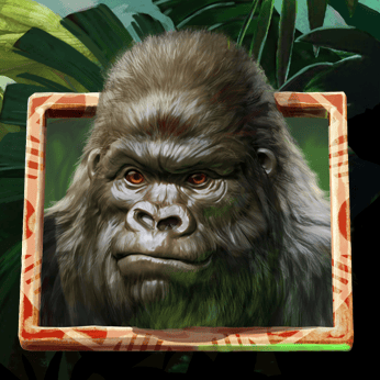 Pantalla de la tragamonedas Gorilla Kingdom con gorila, leopardo y otros animales de la sabana africana sobre tótems de piedra