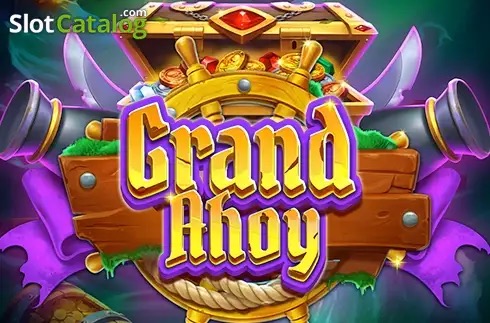 Arte oficial de la tragamonedas Grand Ahoy de Iron Dog Studio, con cubierta de barco pirata, cofres del tesoro y loros