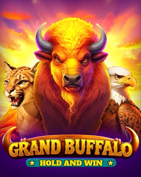 Arte oficial de la tragamonedas Grand Buffalo Hold and Win de BGaming, con búfalos cruzando la pradera