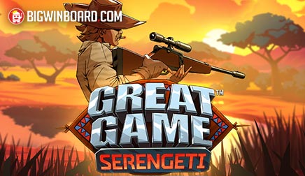 Pantalla de la tragamonedas Great Game Serengeti de Hacksaw Gaming, con leones, cebras y otros animales de la sabana africana sobre los rodillos