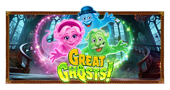 Arte oficial de la tragamonedas ¡Great Ghosts! de Pragmatic Play, con fantasmas simpáticos azul, rosa y verde en una mansión embrujada