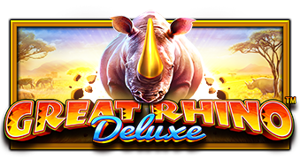 Arte oficial de la tragamonedas Great Rhino Deluxe de Pragmatic Play, con rinoceronte dorado en la sabana