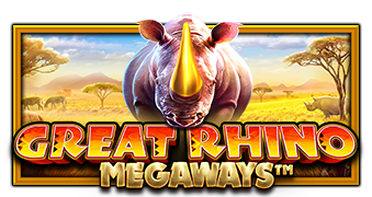 Arte oficial de la tragamonedas Great Rhino Megaways de Pragmatic Play, con rinoceronte en la sabana africana