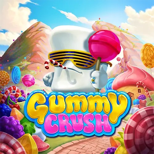 Arte oficial de la tragamonedas Gummy Crush de Game2Slot, con gomitas y dulces de colores en un mundo de caramelo