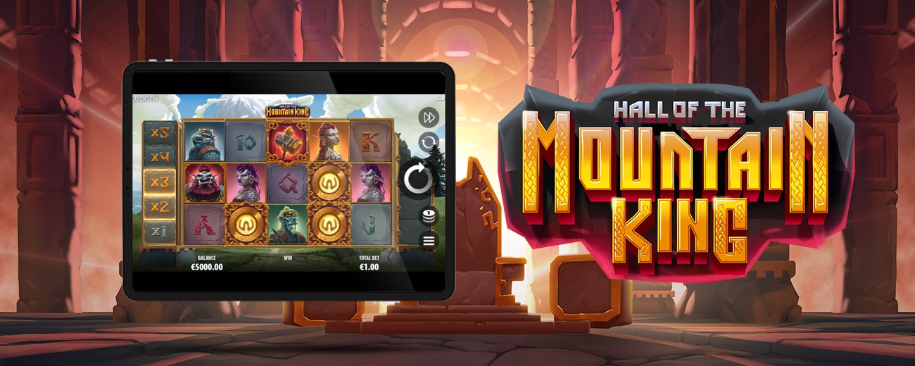 El Rey Troll entre cuevas de montaña en la tragamonedas de folclore nórdico Hall of the Mountain King de Quickspin