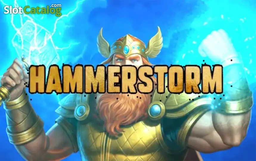Pantalla de la tragamonedas Hammerstorm de Pragmatic Play, con Thor y rayos de colores sobre un paisaje vikingo y picos de Asgard