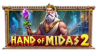 Arte oficial de la tragamonedas Hand of Midas 2 de Pragmatic Play, con el Rey Midas y tesoro dorado