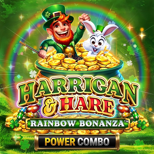 Arte oficial de la tragamonedas Harrigan Hare Rainbow Bonanza Power Combo, con duende y coneja irlandeses