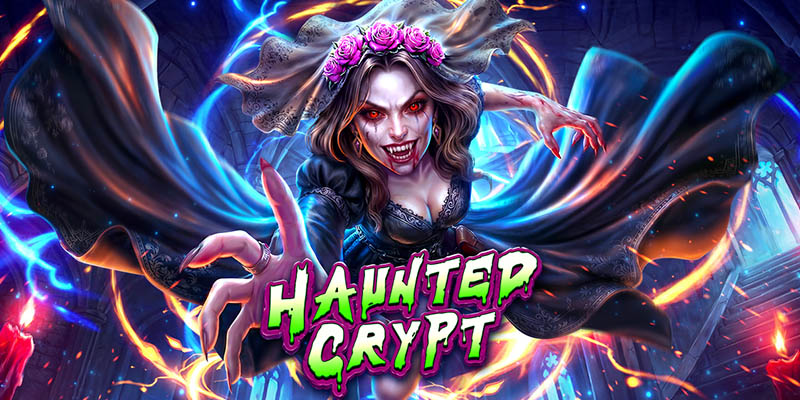 Arte oficial de la tragamonedas Haunted Crypt de Pragmatic Play, con un cementerio embrujado y personajes góticos como un vampiro y una novia cadáver