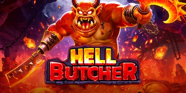 Arte oficial de la tragamonedas Hell Butcher de Pragmatic Play, con un carnicero demoniaco y escenografía infernal