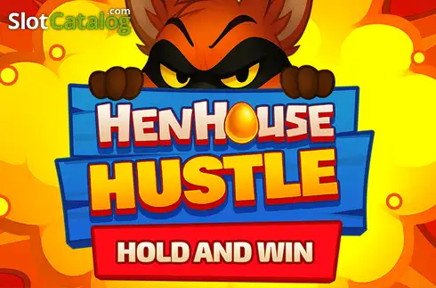 Arte oficial de la tragamonedas Henhouse Hustle: Hold and Win de BoomingGames, con gallinas, huevos dorados y un zorro acechando el gallinero