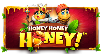 Arte oficial de la tragamonedas Honey Honey Honey de Pragmatic Play, con abejas y panales de miel