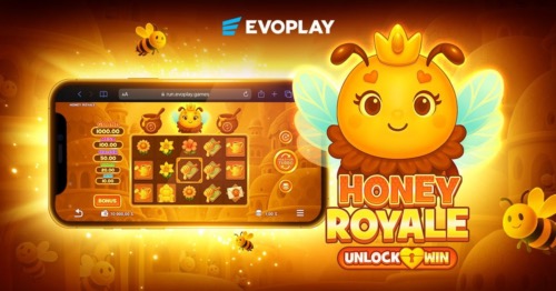 Captura de pantalla de Honey Royale, tragamonedas de Evoplay con la abeja reina comodín en el centro del tablero