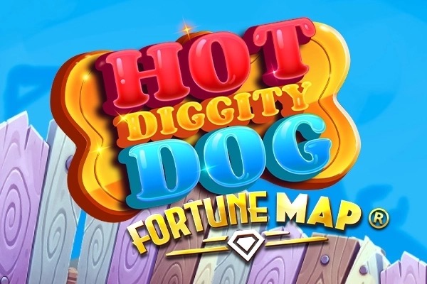 Pantalla de la tragamonedas Hot Diggity Dog Fortune Map de Reflex Gaming/Yggdrasil, con perritos aventureros y un mapa del tesoro