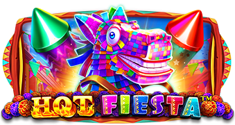 Arte oficial de la tragamonedas Hot Fiesta de Pragmatic Play, con piñatas y decoración de fiesta mexicana