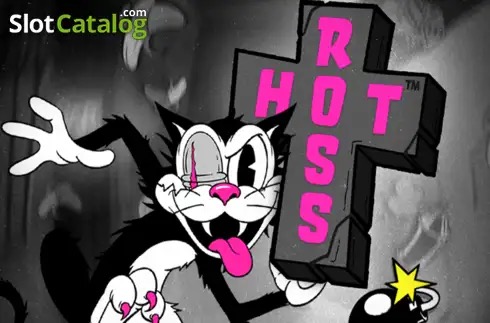 Pantalla de la tragamonedas Hot Ross de Hacksaw Gaming, con el personaje gato Ro$$ en una calle de caricatura urbana