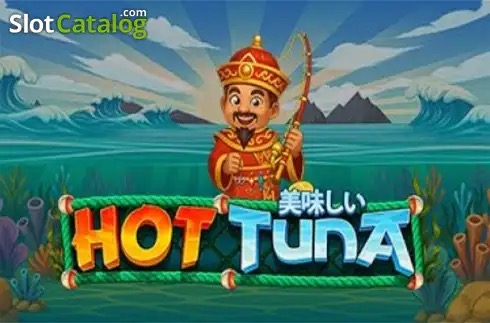 Pantalla de la tragamonedas Hot Tuna de Reel Kingdom, con un pescador en su bote enfrentando un atún gigante