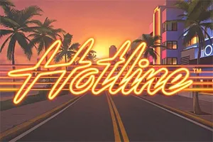 Pantalla de la tragamonedas Hotline de NetEnt, con estética neón retro estilo Miami de los años 80