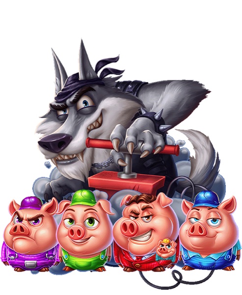 Arte oficial de la tragamonedas Huff N' Puff CollectR de ELK Studios, con cerditos recolectores en una obra en construcción