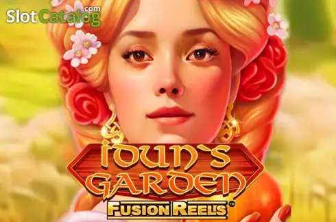 Arte de Idun's Garden Fusion Reels de KA Gaming, con la diosa nórdica Idun rodeada de manzanos dorados y símbolos de naturaleza
