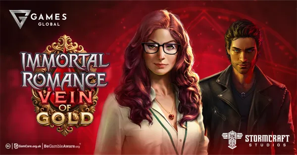 Arte promocional de Immortal Romance Vein of Gold mostrando personajes góticos de la franquicia en tonos rojo y dorado